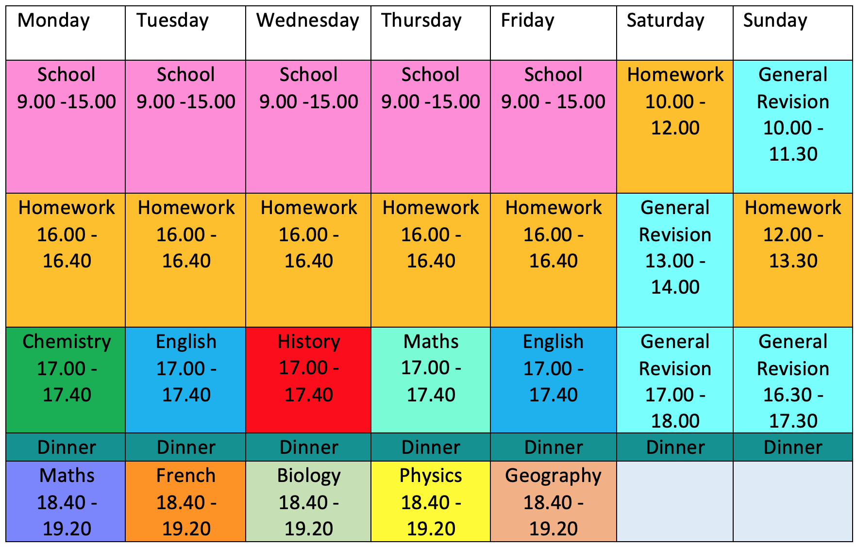 gcse homework timetable