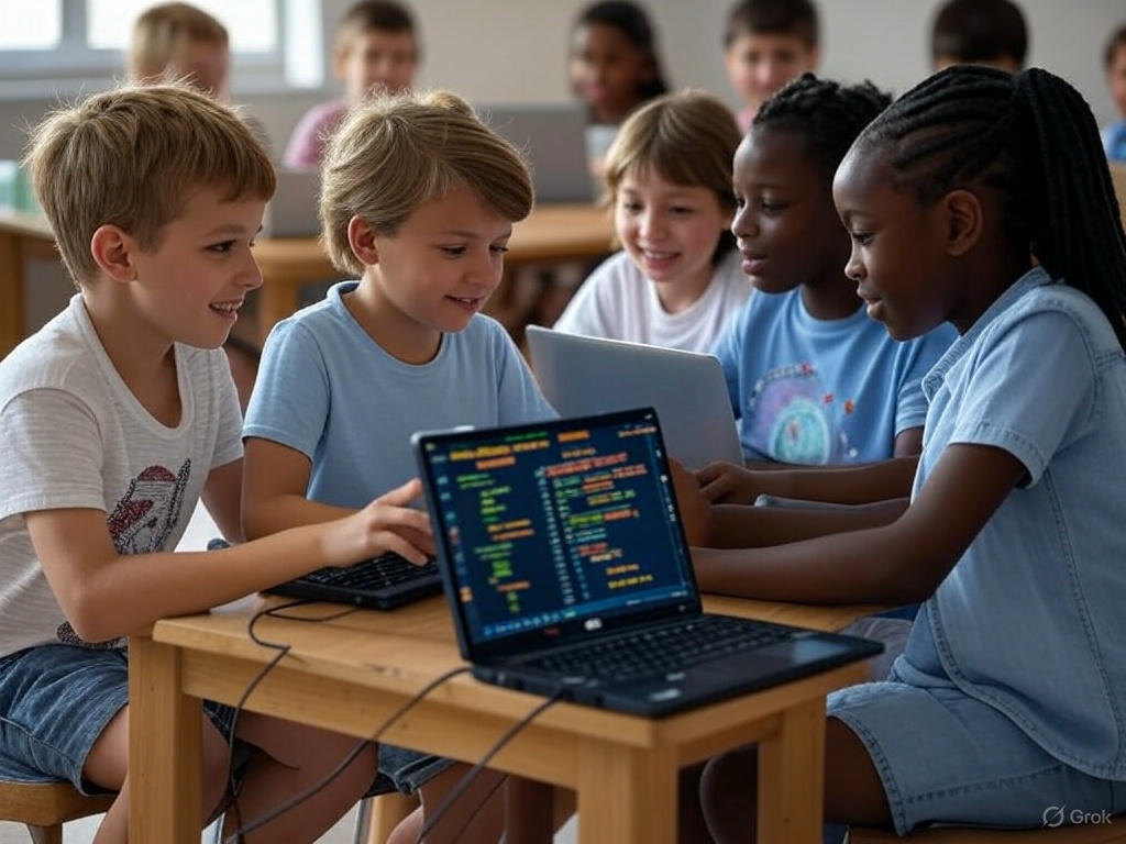 Kids coding in groups